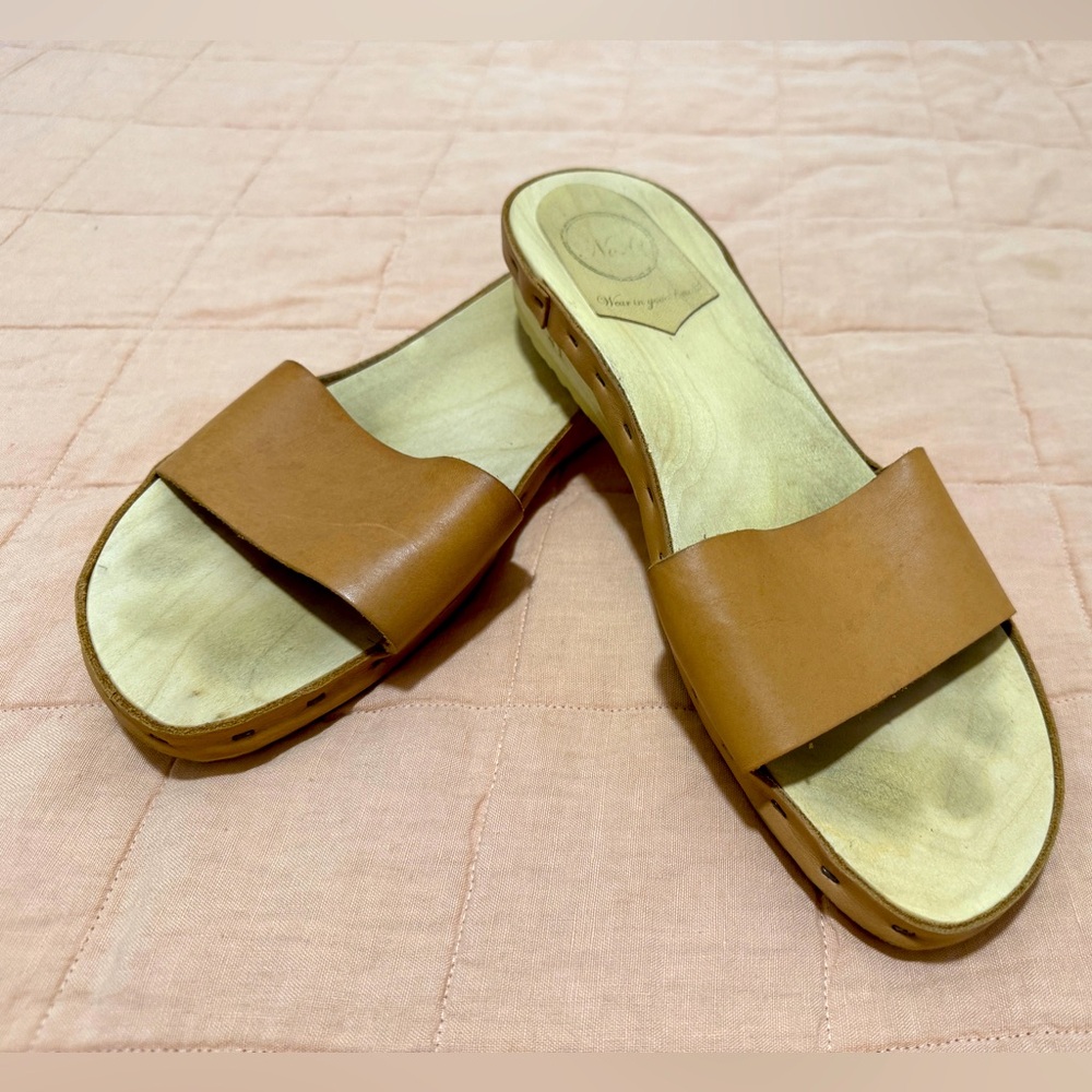 No. 6 Single Strap Natural Leather Sandals Clogs with Wooden Base Size 41